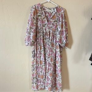 Daughters of India Pink and Green Floral Midi Dress